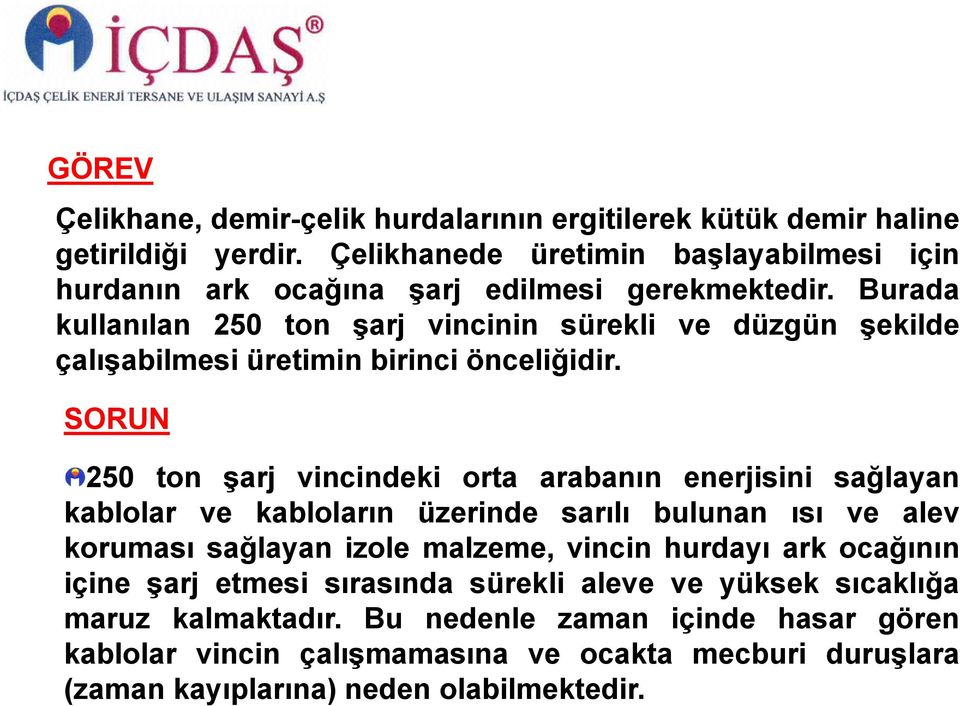 Burada kullanılan 250 ton şarj vincinin sürekli ve düzgün şekilde çalışabilmesi üretimin birinci önceliğidir.