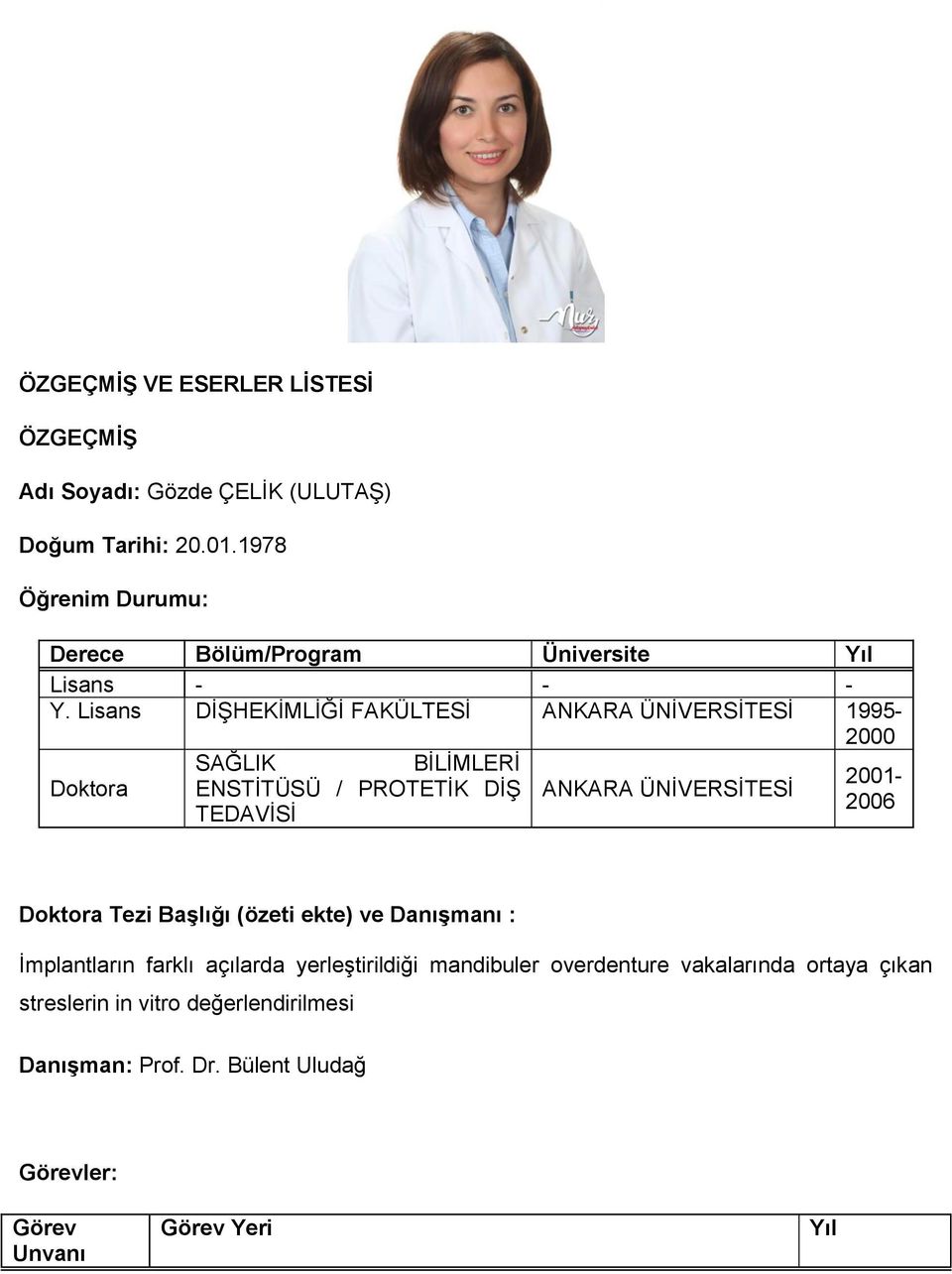 Lisans DİŞHEKİMLİĞİ FAKÜLTESİ ANKARA ÜNİVERSİTESİ 1995-2000 Doktora SAĞLIK BİLİMLERİ ENSTİTÜSÜ / PROTETİK DİŞ TEDAVİSİ ANKARA ÜNİVERSİTESİ