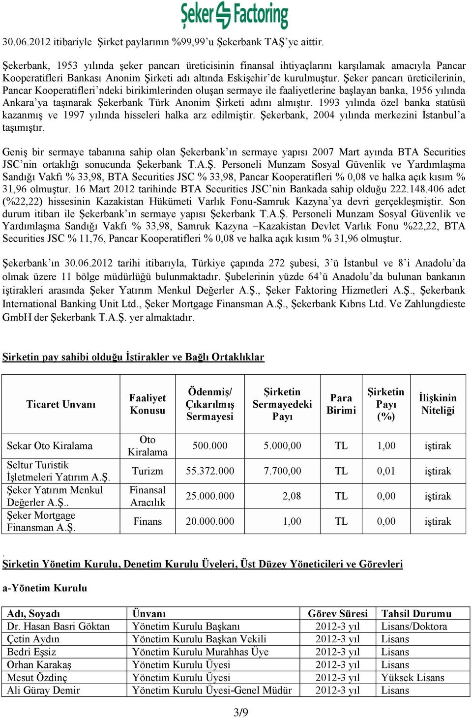 Şeker pancarı üreticilerinin, Pancar Kooperatifleri ndeki birikimlerinden oluşan sermaye ile faaliyetlerine başlayan banka, 1956 yılında Ankara ya taşınarak Şekerbank Türk Anonim Şirketi adını