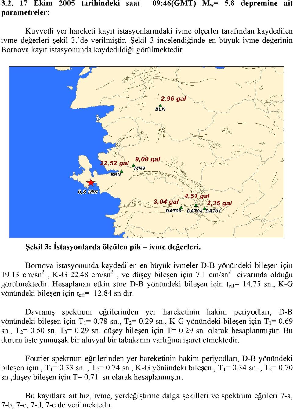 Bornova istasyonunda kaydedilen en büyük ivmeler D-B yönündeki bileşen için 19.13 cm/sn 2, K-G 22.48 cm/sn 2, ve düşey bileşen için 7.1 cm/sn 2 civarında olduğu görülmektedir.