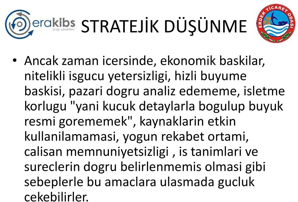 resmi gorememek", kaynaklarin etkin kullanilamamasi, yogun rekabet ortami, calisan memnuniyetsizligi,