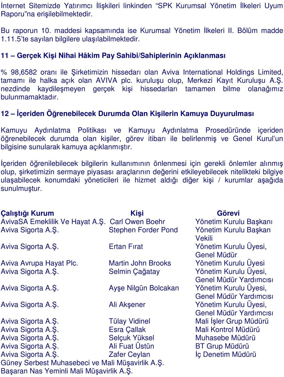 11 Gerçek Kii Nihai Hâkim Pay Sahibi/Sahiplerinin Açıklanması % 98,6582 oranı ile irketimizin hissedarı olan Aviva International Holdings Limited, tamamı ile halka açık olan AVIVA plc.