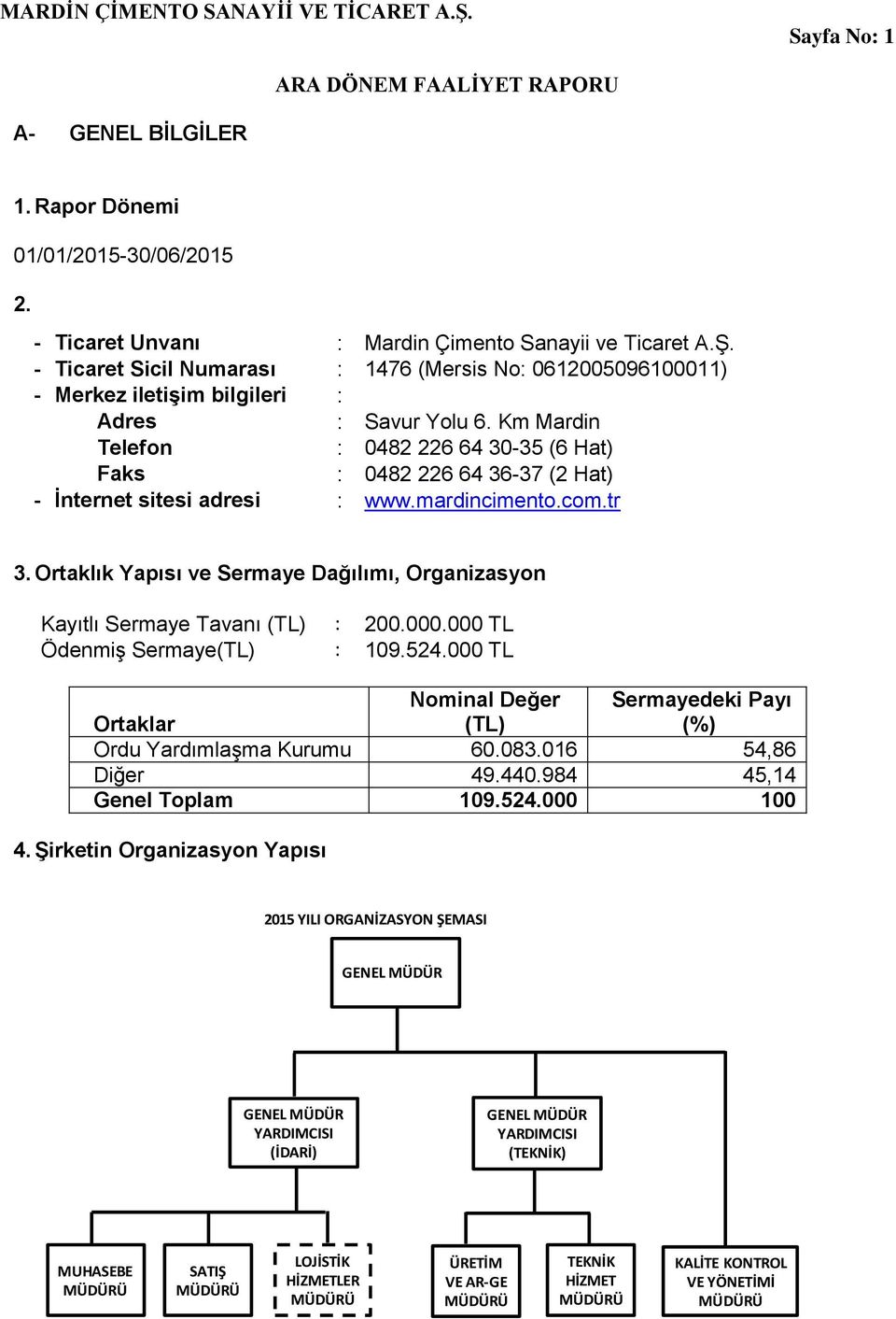 Km Mardin Telefon : 0482 226 64 30-35 (6 Hat) Faks : 0482 226 64 36-37 (2 Hat) - İnternet sitesi adresi : www.mardincimento.com.tr 3.