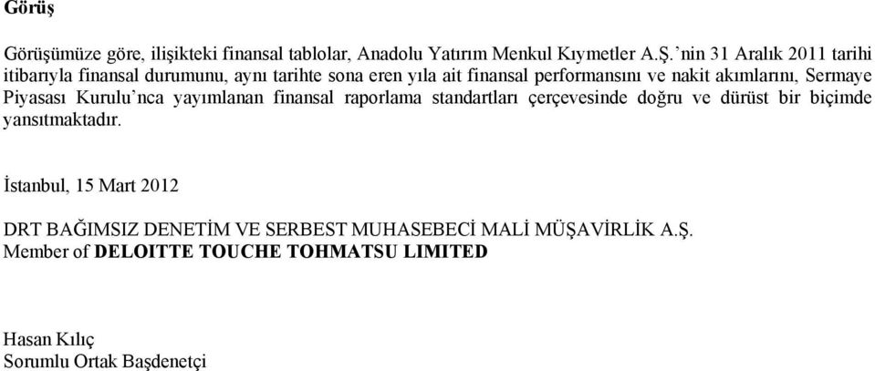 Sermaye Piyasası Kurulu nca yayımlanan finansal raporlama standartları çerçevesinde doğru ve dürüst bir biçimde yansıtmaktadır.