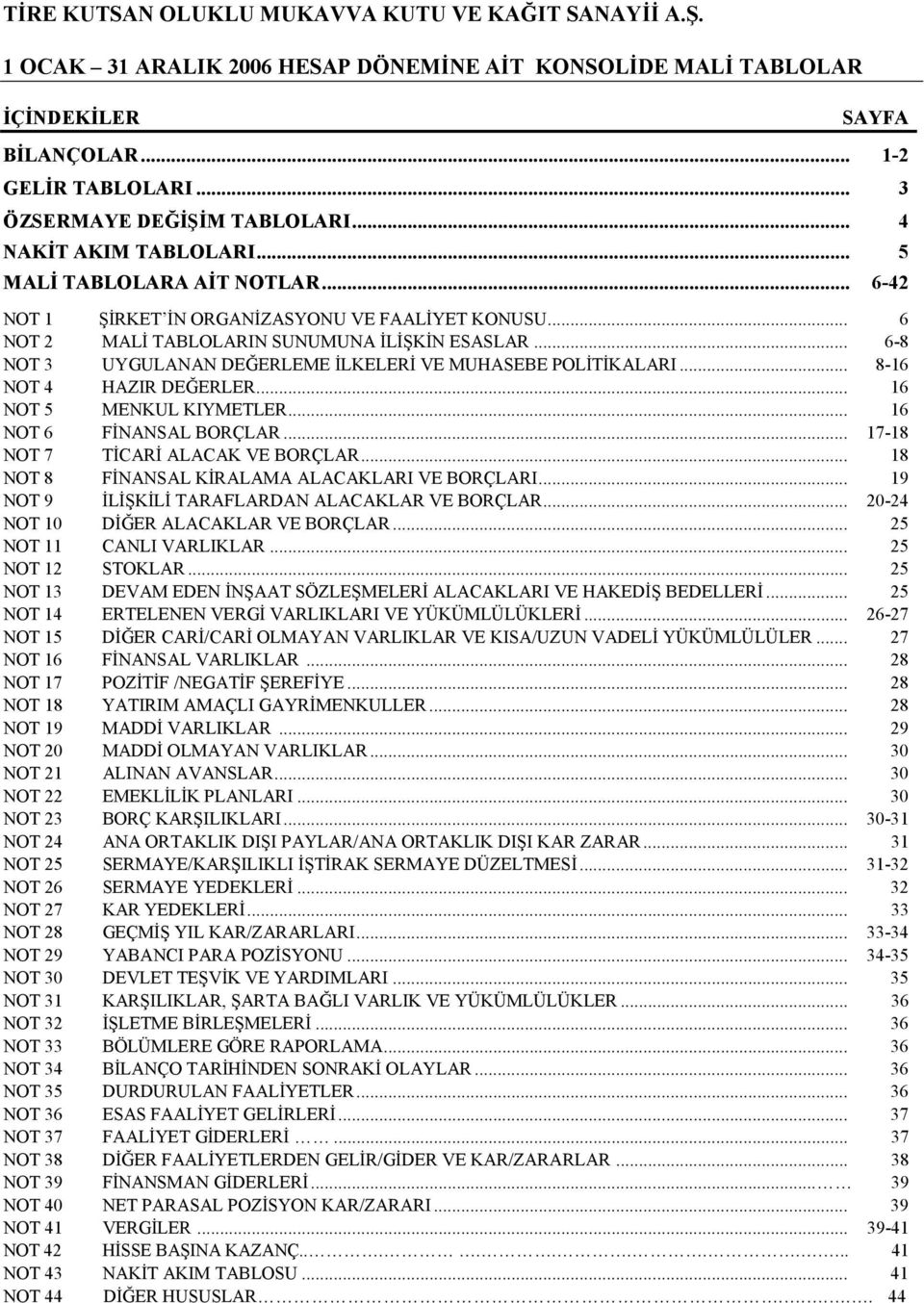 .. 6-8 NOT 3 UYGULANAN DEĞERLEME İLKELERİ VE MUHASEBE POLİTİKALARI... 8-16 NOT 4 HAZIR DEĞERLER... 16 NOT 5 MENKUL KIYMETLER... 16 NOT 6 FİNANSAL BORÇLAR... 17-18 NOT 7 TİCARİ ALACAK VE BORÇLAR.