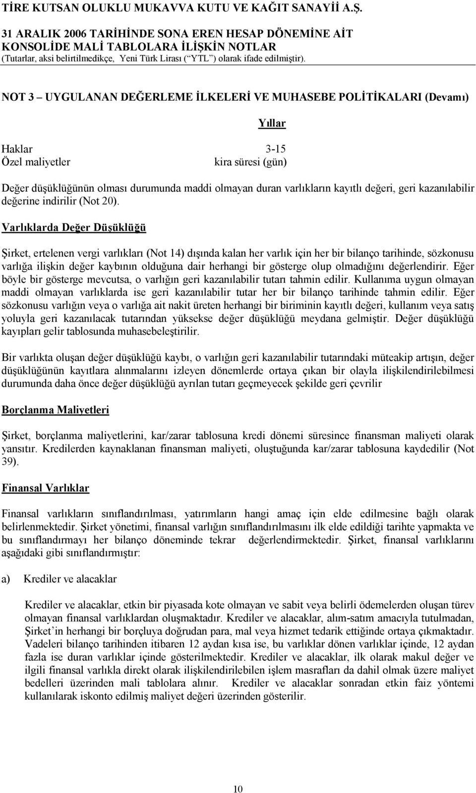 Varlıklarda Değer Düşüklüğü Şirket, ertelenen vergi varlıkları (Not 14) dışında kalan her varlık için her bir bilanço tarihinde, sözkonusu varlığa ilişkin değer kaybının olduğuna dair herhangi bir