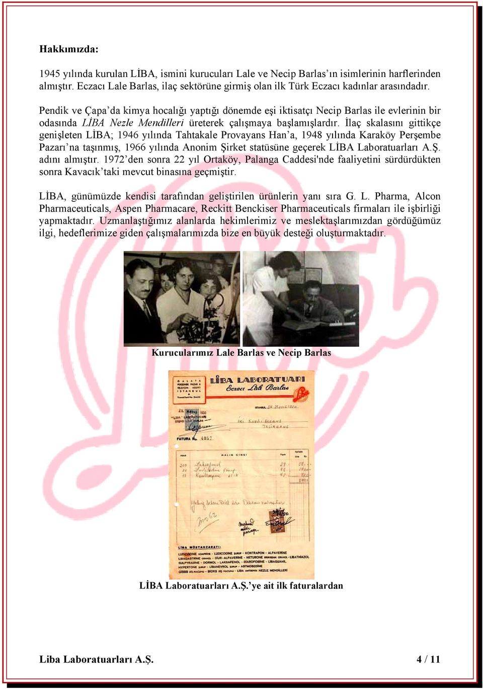 İlaç skalasını gittikçe genişleten LİBA; 1946 yılında Tahtakale Provayans Han a, 1948 yılında Karaköy Perşembe Pazarı na taşınmış, 1966 yılında Anonim Şirket statüsüne geçerek LİBA Laboratuarları A.Ş. adını almıştır.