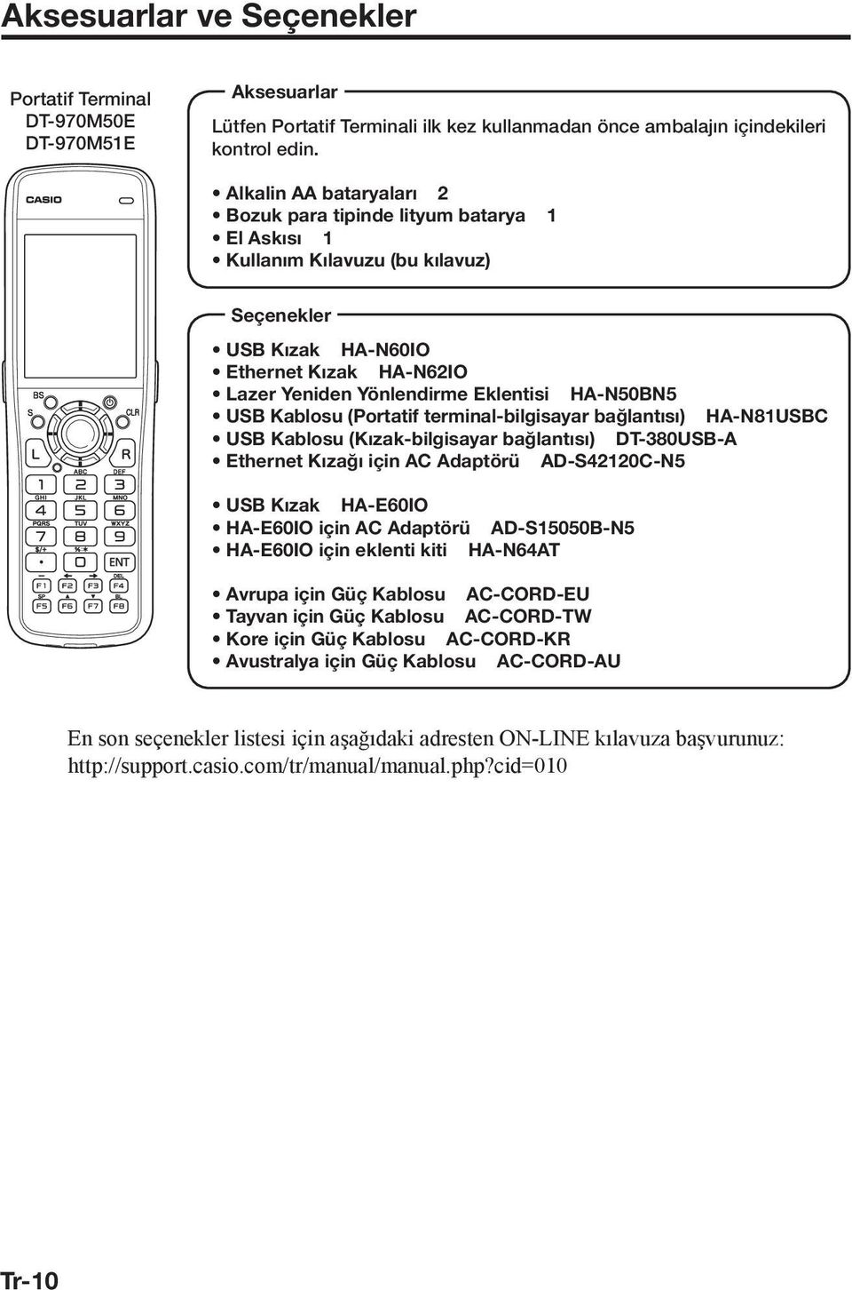 HA-N50BN5 USB Kablosu (Portatif terminal-bilgisayar bağlantısı) HA-N81USBC USB Kablosu (Kızak-bilgisayar bağlantısı) DT-380USB-A Ethernet Kızağı için AC Adaptörü AD-S42120C-N5 USB Kızak HA-E60IO