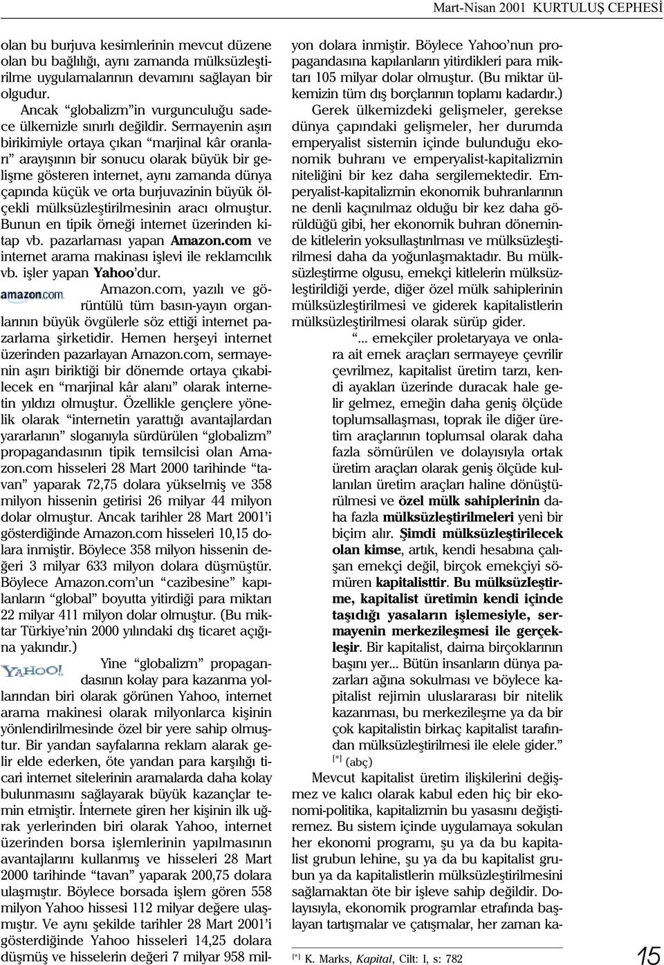 Sermayenin aþýrý birikimiyle ortaya çýkan marjinal kâr oranlarý arayýþýnýn bir sonucu olarak büyük bir geliþme gösteren internet, ayný zamanda dünya çapýnda küçük ve orta burjuvazinin büyük ölçekli