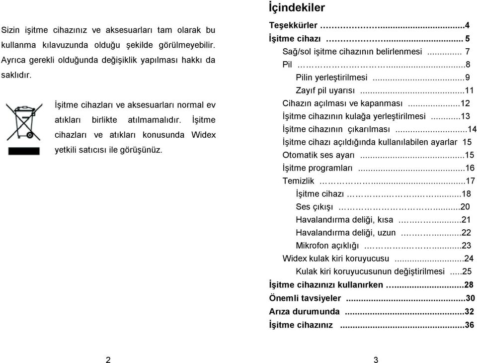 .. 5 Sa/sol iitme cihazının belirlenmesi... 7 Pil....8 Pilin yerletirilmesi... 9 Zayıf pil uyarısı...11 Cihazın açılması ve kapanması... 12 itme cihazının kulaa yerletirilmesi.