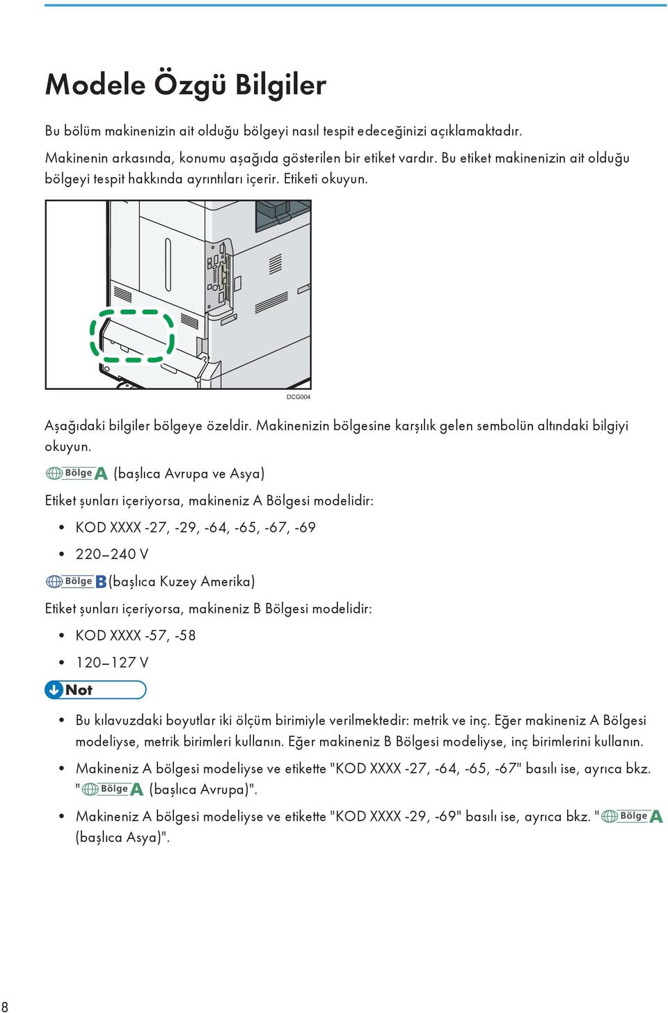 Makinenizin bölgesine karşılık gelen sembolün altındaki bilgiyi okuyun.