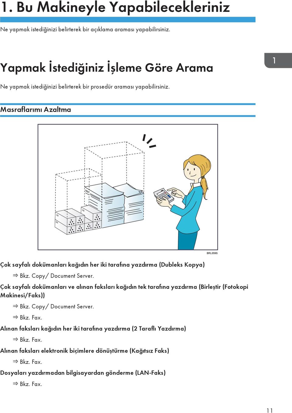 Masraflarımı Azaltma BRL059S Çok sayfalı dokümanları kağıdın her iki tarafına yazdırma (Dubleks Kopya) Bkz. Copy/ Document Server.