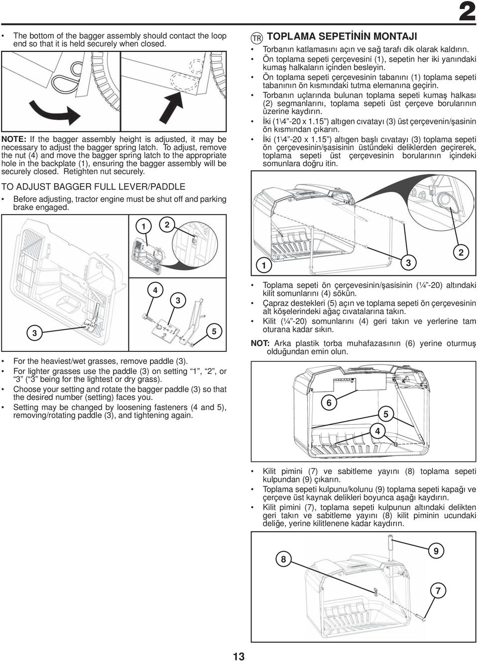 To adjust, remove the nut (4) and move the bagger spring latch to the appropriate hole in the backplate (1), ensuring the bagger assembly will be securely closed. Retighten nut securely.