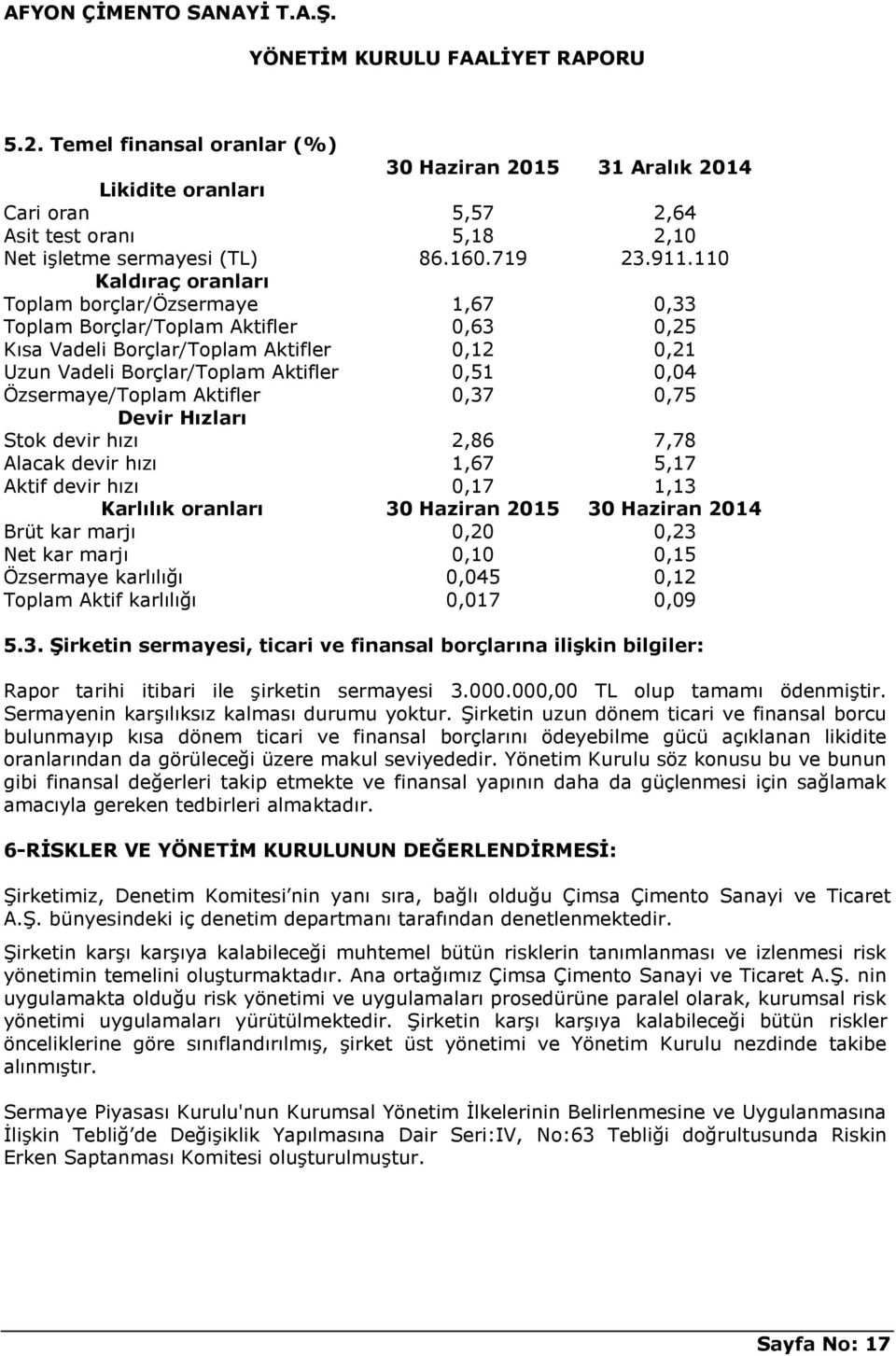 Özsermaye/Toplam Aktifler 0,37 0,75 Devir Hızları Stok devir hızı 2,86 7,78 Alacak devir hızı 1,67 5,17 Aktif devir hızı 0,17 1,13 Karlılık oranları 30 Haziran 2015 30 Haziran 2014 Brüt kar marjı