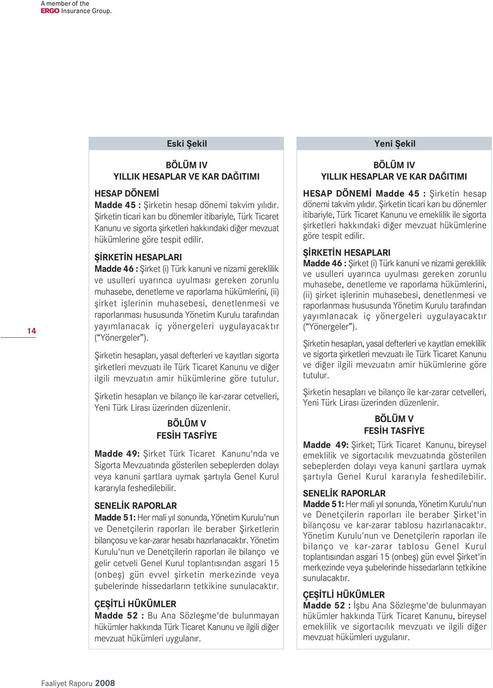 fi RKET N HESAPLARI Madde 46 : fiirket (i) Türk kanuni ve nizami gereklilik ve usulleri uyar nca uyulmas gereken zorunlu muhasebe, denetleme ve raporlama hükümlerini, (ii) flirket ifllerinin