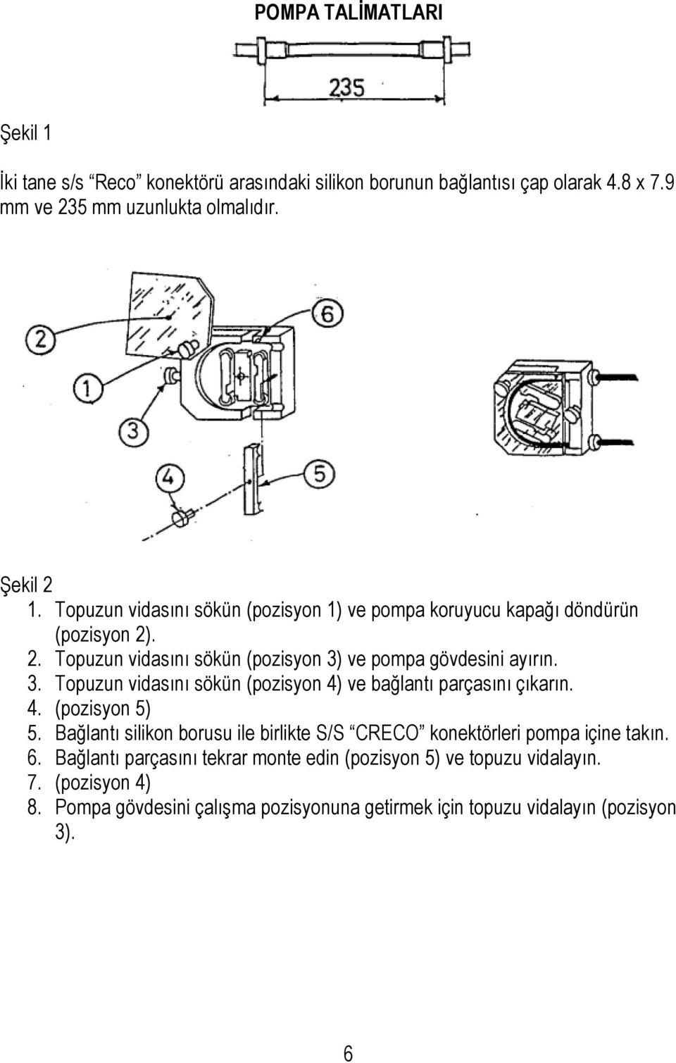 ve pompa gövdesini ayırın. 3. Topuzun vidasını sökün (pozisyon 4) ve bağlantı parçasını çıkarın. 4. (pozisyon 5) 5.