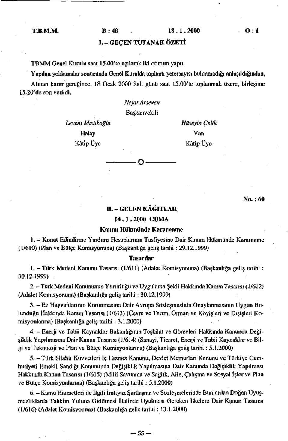 20'de son verildi. Levent Mıstıkoğlu Hatay Kâtip Nejat Arseven Başkanvekili 0 Hüseyin Çelik Van Kâtip II. - GELEN KÂĞITLAR 14.1. 2000 CUMA Kanun Hükmünde Kararname No. :60 1.