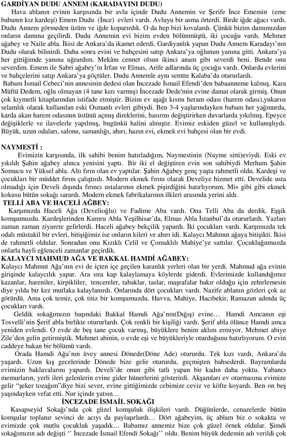 Dudu Annemin evi bizim evden bölünmüştü, iki çocuğu vardı. Mehmet ağabey ve Naile abla. Đkisi de Ankara da ikamet ederdi. Gardiyanlık yapan Dudu Annem Karadayı nın Dudu olarak bilinirdi.