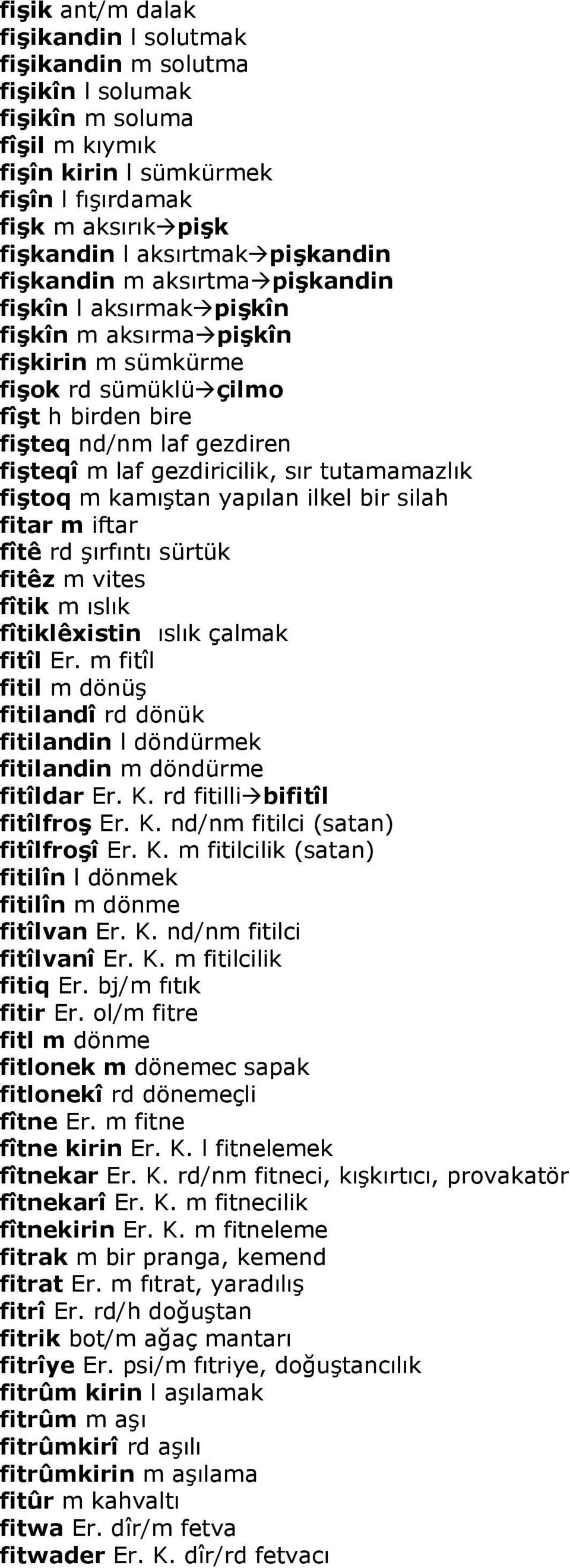 gezdiricilik, sır tutamamazlık fiştoq m kamıştan yapılan ilkel bir silah fitar m iftar fîtê rd şırfıntı sürtük fitêz m vites fîtik m ıslık fîtiklêxistin ıslık çalmak fitîl Er.