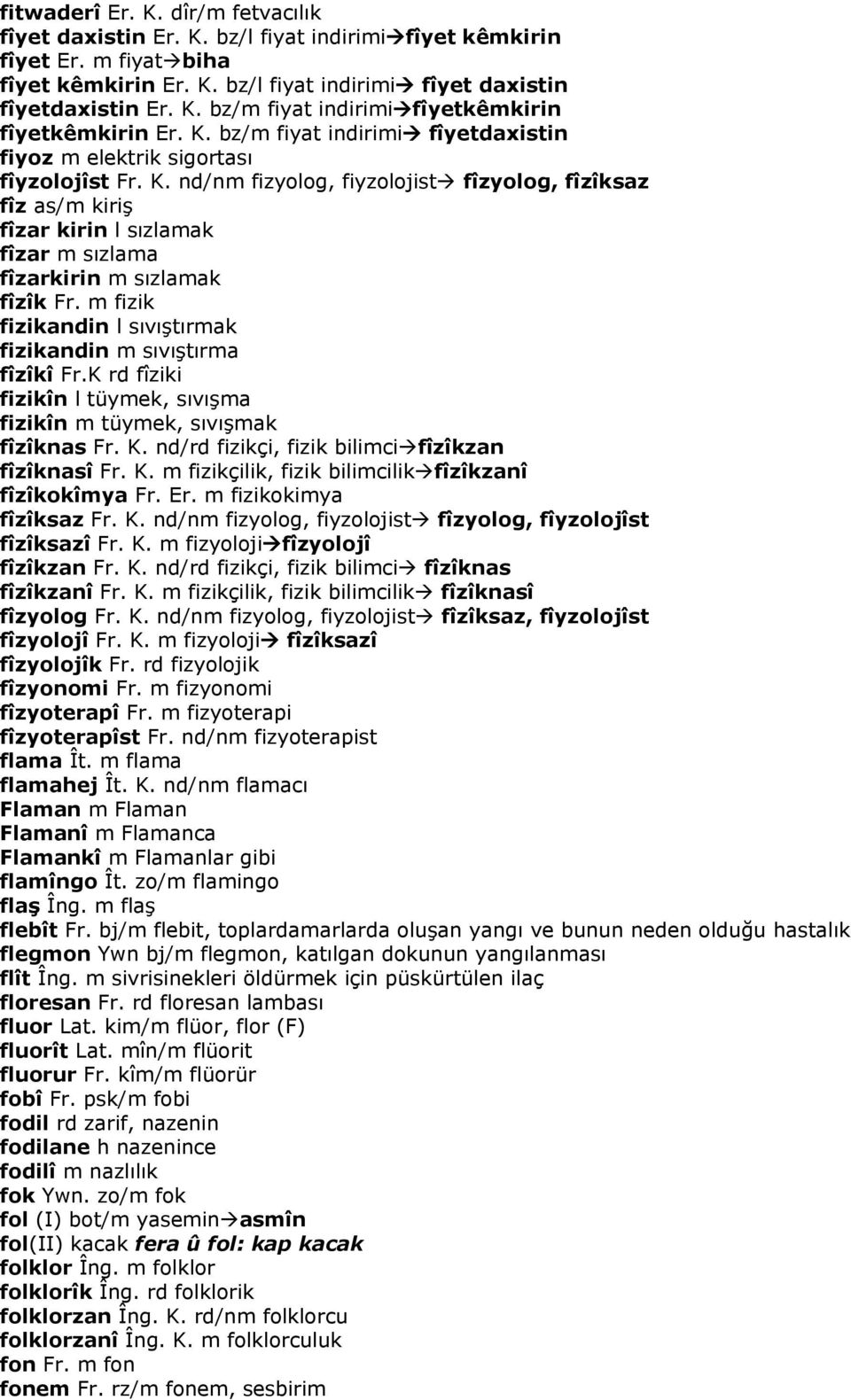 nd/nm fizyolog, fiyzolojist fîzyolog, fîzîksaz fîz as/m kiriş fîzar kirin l sızlamak fîzar m sızlama fîzarkirin m sızlamak fîzîk Fr. m fizik fizikandin l sıvıştırmak fizikandin m sıvıştırma fîzîkî Fr.