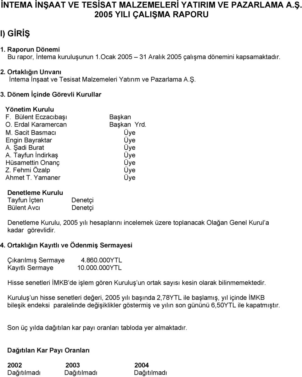 Bülent Eczacıbaşı Başkan O. Erdal Karamercan Başkan Yrd. M. Sacit Basmacı Üye Engin Bayraktar Üye A. Şadi Burat Üye A. Tayfun İndirkaş Üye Hüsamettin Onanç Üye Z. Fehmi Özalp Üye Ahmet T.