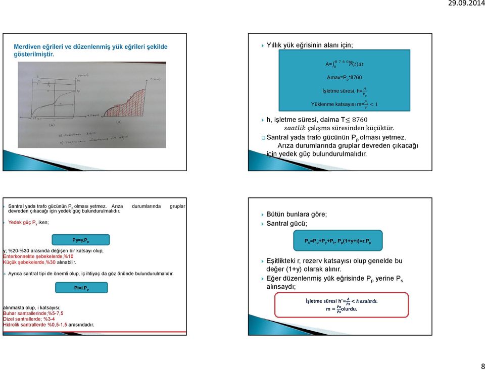 Yedek güç P iken; Bütün bunlara göre; Santral gücü; P=.P p ; %20-%30 arasında değişen bir katsaı olup, Enterkonnekte şebekelerde,%10 Küçük şebekelerde,%30 alınabilir.