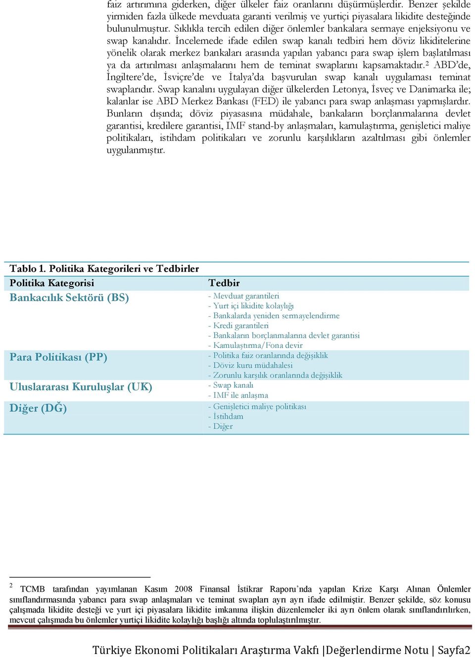 İncelemede ifade edilen swap kanalı tedbiri hem döviz likiditelerine yönelik olarak merkez bankaları arasında yapılan yabancı para swap işlem başlatılması ya da artırılması anlaşmalarını hem de