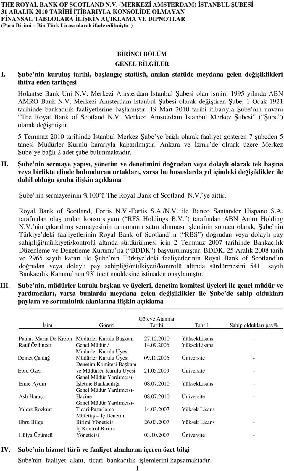 19 Mart 2010 tarihi itibarıyla Şube nin unvanı The Royal Bank of Scotland N.V. Merkezi Amsterdam İstanbul Merkez Şubesi ( Şube ) olarak değişmiştir.