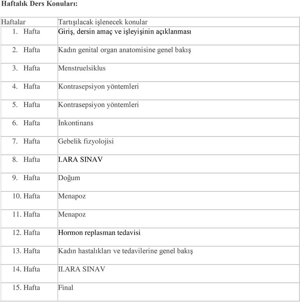 Hafta Kontrasepsiyon yöntemleri 6. Hafta İnkontinans 7. Hafta Gebelik fizyolojisi 8. Hafta I.ARA SINAV 9. Hafta Doğum 10.