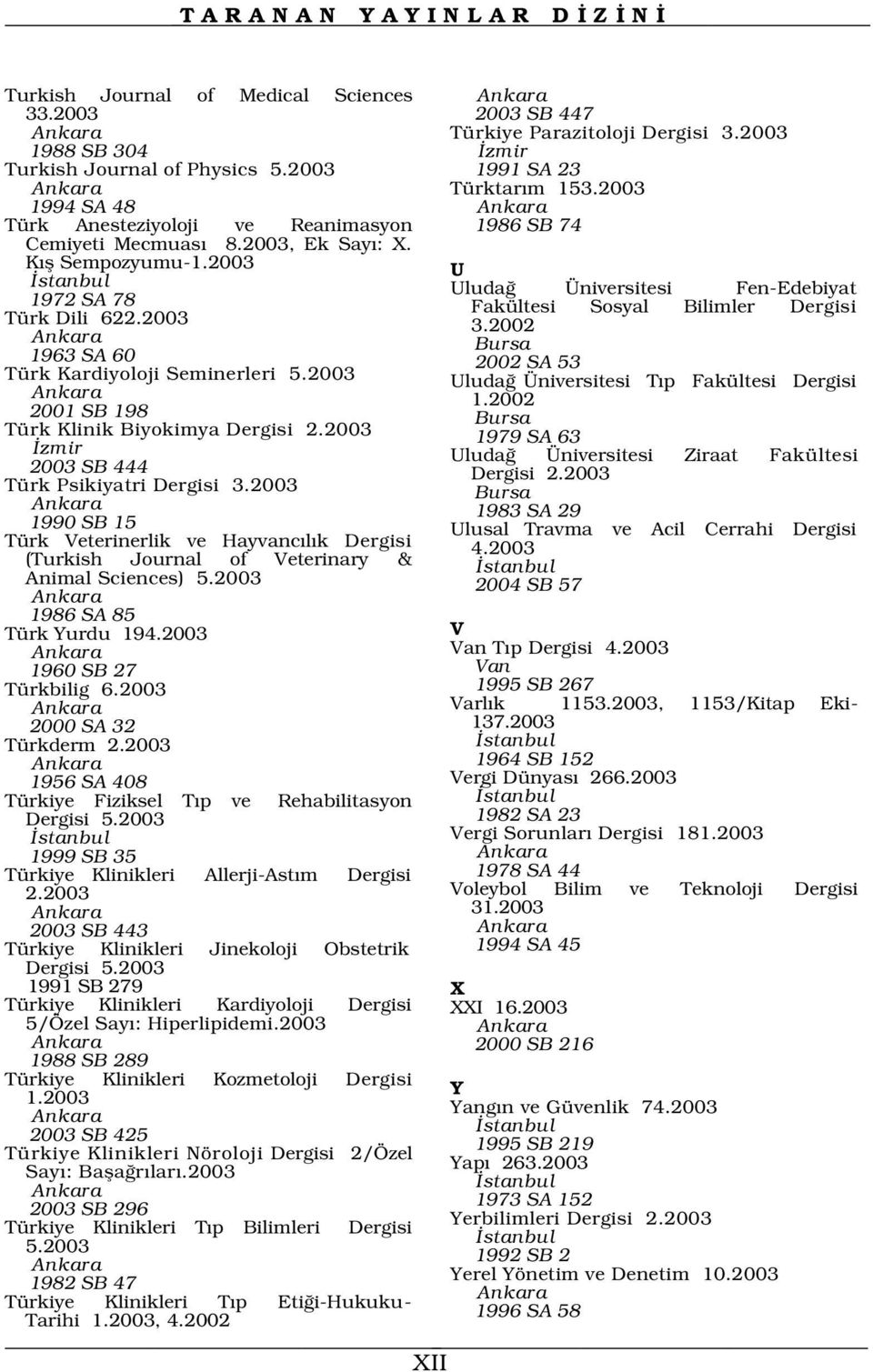 2003 U stanbul Uluda Üniversitesi Fen-Edebiyat 1972 SA 78 Fakültesi Sosyal Bilimler Dergisi Türk Dili 622.2003 3.2002 Ankara Bursa 1963 SA 60 2002 SA 53 Türk Kardiyoloji Seminerleri 5.