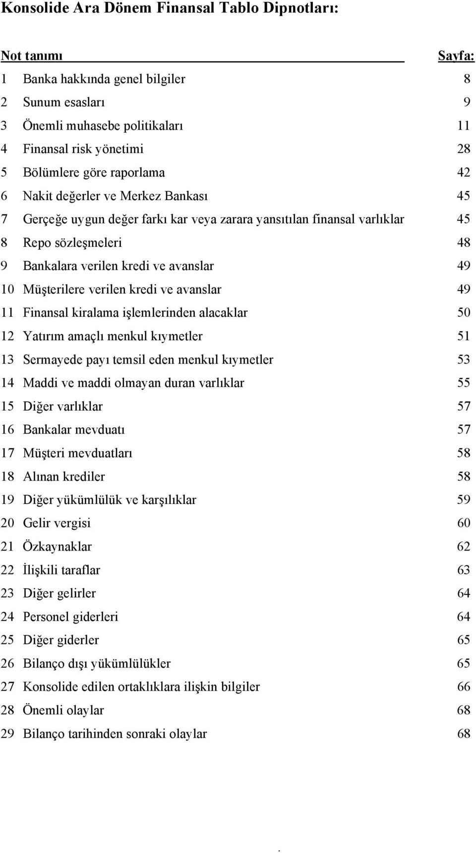 Müşterilere verilen kredi ve avanslar 49 11 Finansal kiralama işlemlerinden alacaklar 50 12 Yatırım amaçlı menkul kıymetler 51 13 Sermayede payı temsil eden menkul kıymetler 53 14 Maddi ve maddi