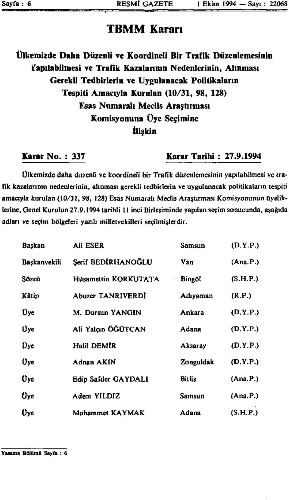 , 128) Esas Numaralı Meclis Araştırması Komisyonuna Üye Seçimine İlişkin Karar No. : 337 Karar Tarihi : 27.9.