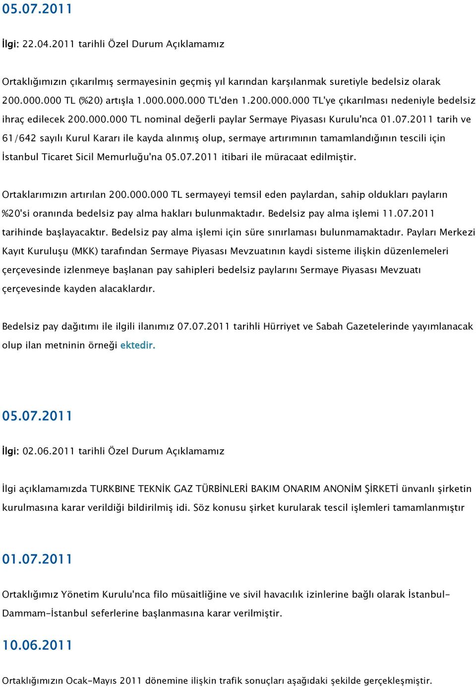 2011 tarih ve 61/642 sayılı Kurul Kararı ile kayda alınmış olup, sermaye artırımının tamamlandığının tescili için İstanbul Ticaret Sicil Memurluğu'na 05.07.2011 itibari ile müracaat edilmiştir.