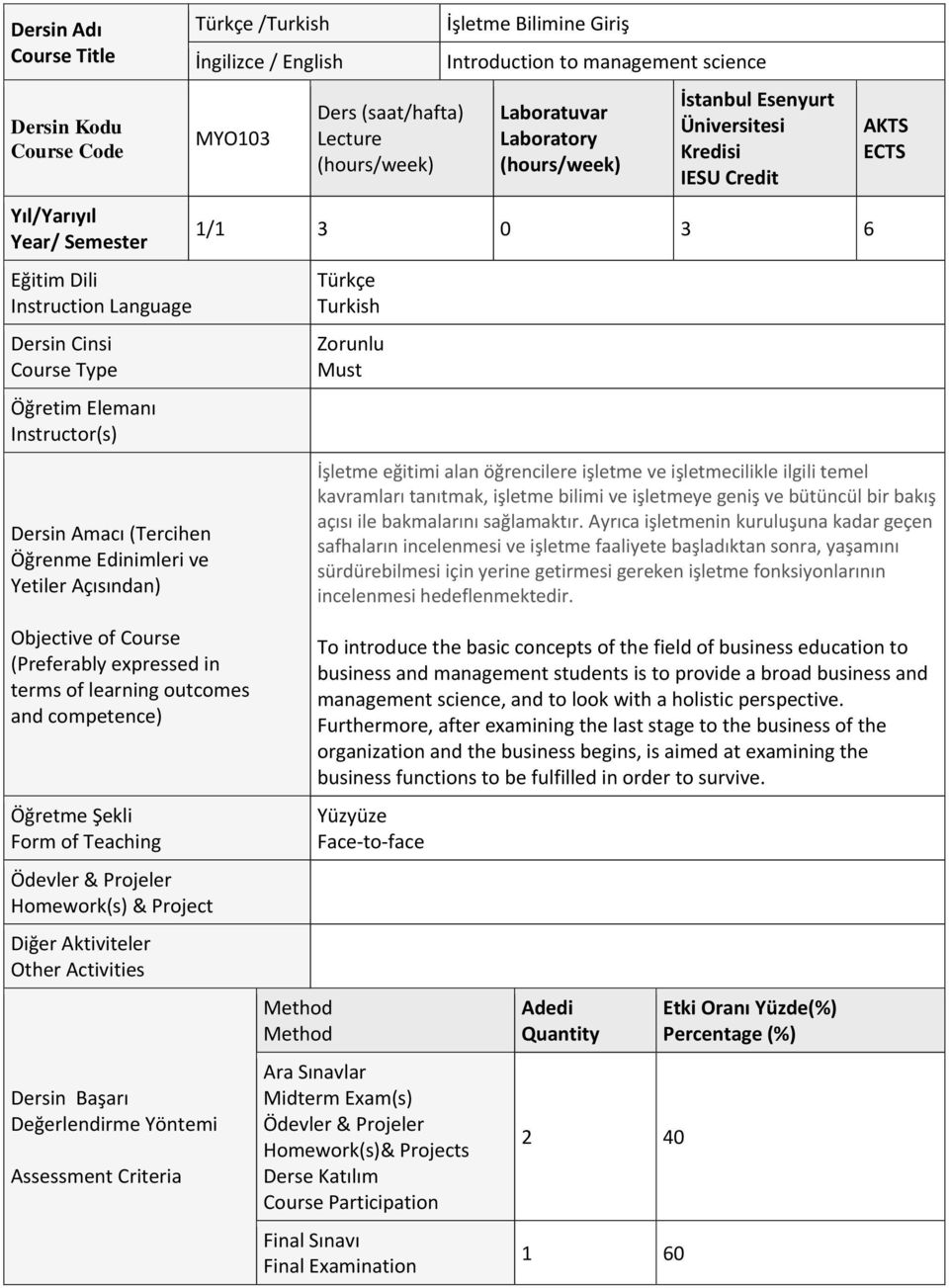 Homework(s) & Project Diğer Aktiviteler Other Activities Dersin Başarı Değerlendirme Yöntemi Assessment Criteria Ders (saat/hafta) Lecture İşletme Bilimine Giriş Introduction to management science