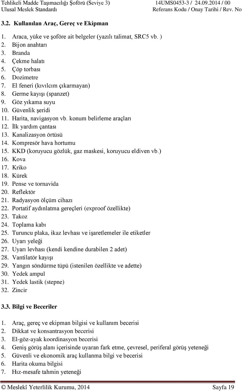 Kompresör hava hortumu 15. KKD (koruyucu gözlük, gaz maskesi, koruyucu eldiven vb.) 16. Kova 17. Kriko 18. Kürek 19. Pense ve tornavida 20. Reflektör 21. Radyasyon ölçüm cihazı 22.