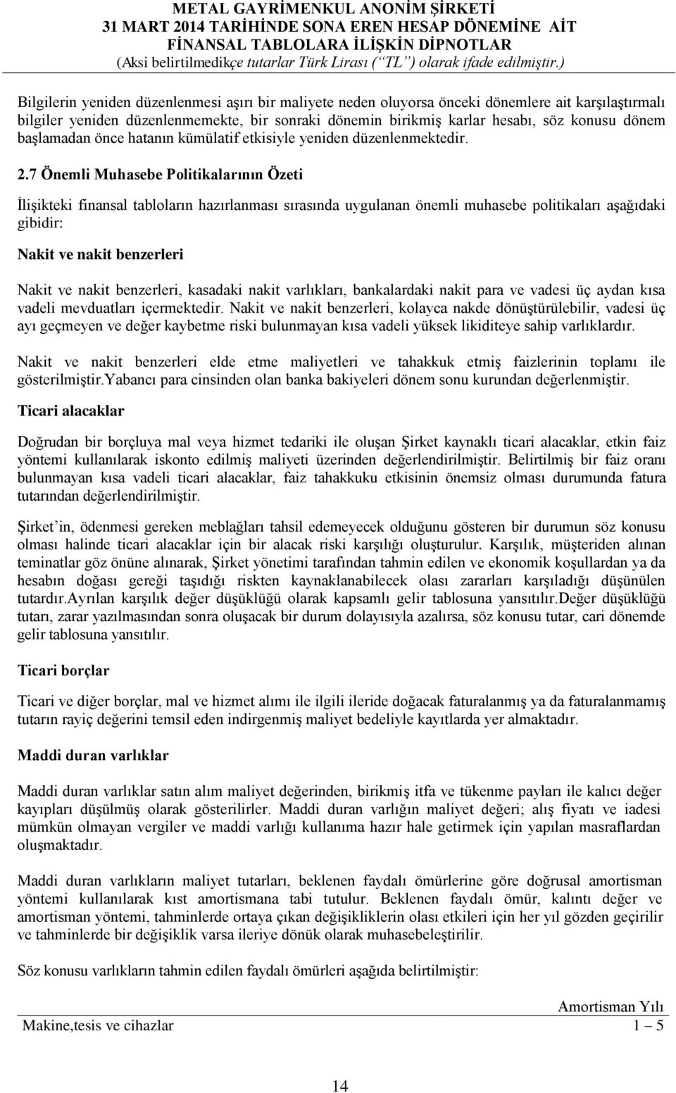 7 Önemli Muhasebe Politikalarının Özeti İlişikteki finansal tabloların hazırlanması sırasında uygulanan önemli muhasebe politikaları aşağıdaki gibidir: Nakit ve nakit benzerleri Nakit ve nakit