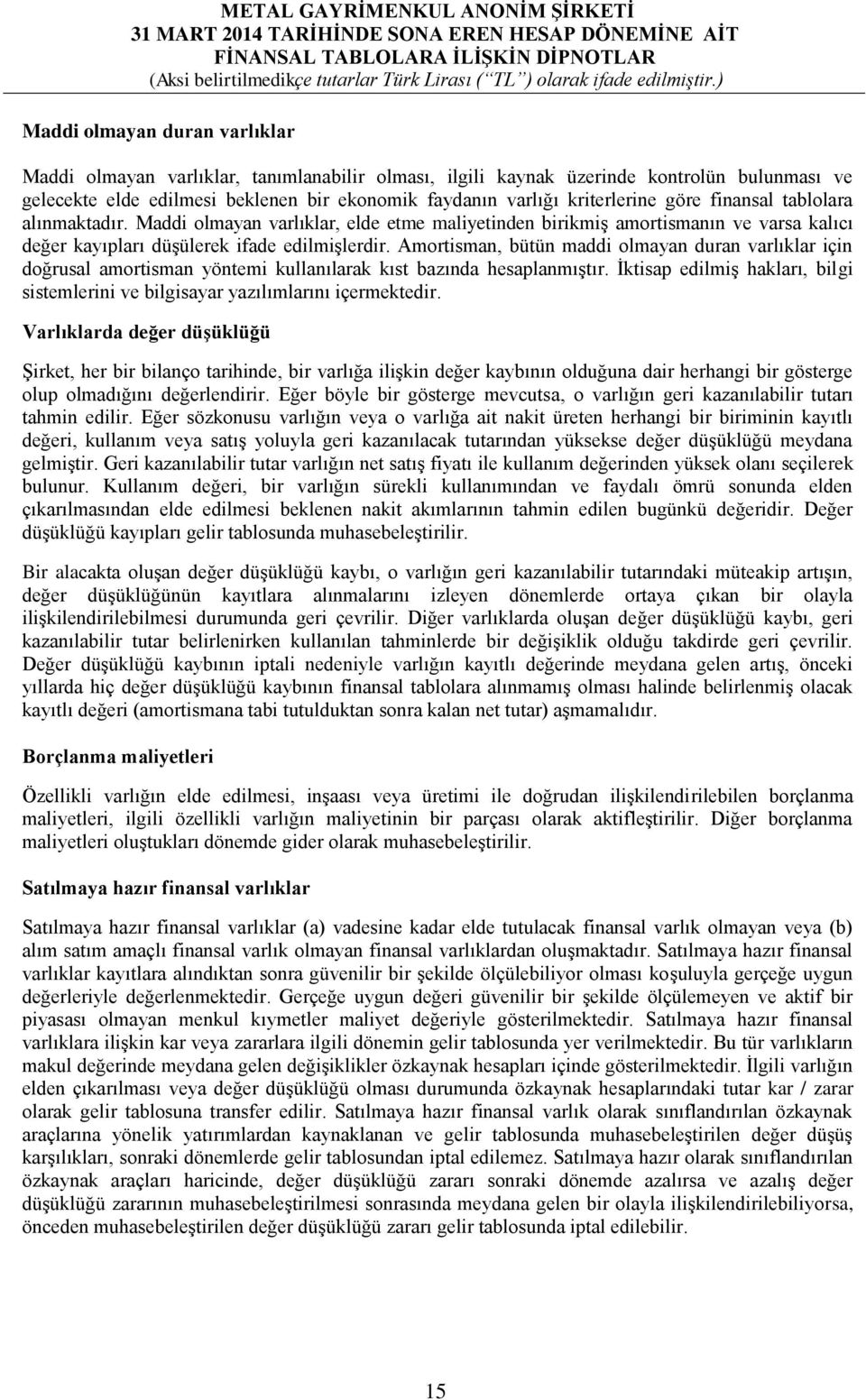 Amortisman, bütün maddi olmayan duran varlıklar için doğrusal amortisman yöntemi kullanılarak kıst bazında hesaplanmıştır.