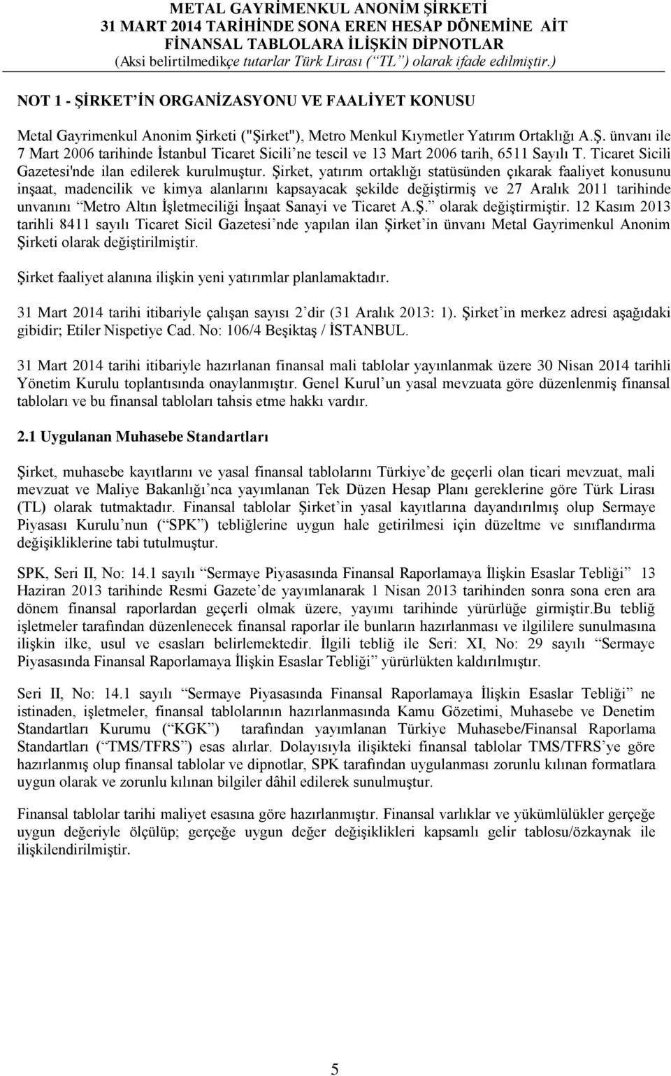 Şirket, yatırım ortaklığı statüsünden çıkarak faaliyet konusunu inşaat, madencilik ve kimya alanlarını kapsayacak şekilde değiştirmiş ve 27 Aralık 2011 tarihinde unvanını Metro Altın İşletmeciliği