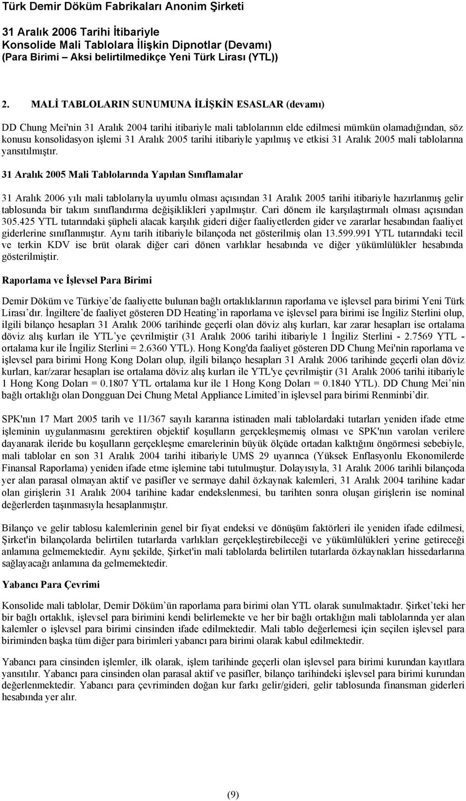 31 Aralık 2005 Mali Tablolarında Yapılan Sınıflamalar 31 Aralık 2006 yılı mali tablolarıyla uyumlu olması açısından 31 Aralık 2005 tarihi itibariyle hazırlanmış gelir tablosunda bir takım