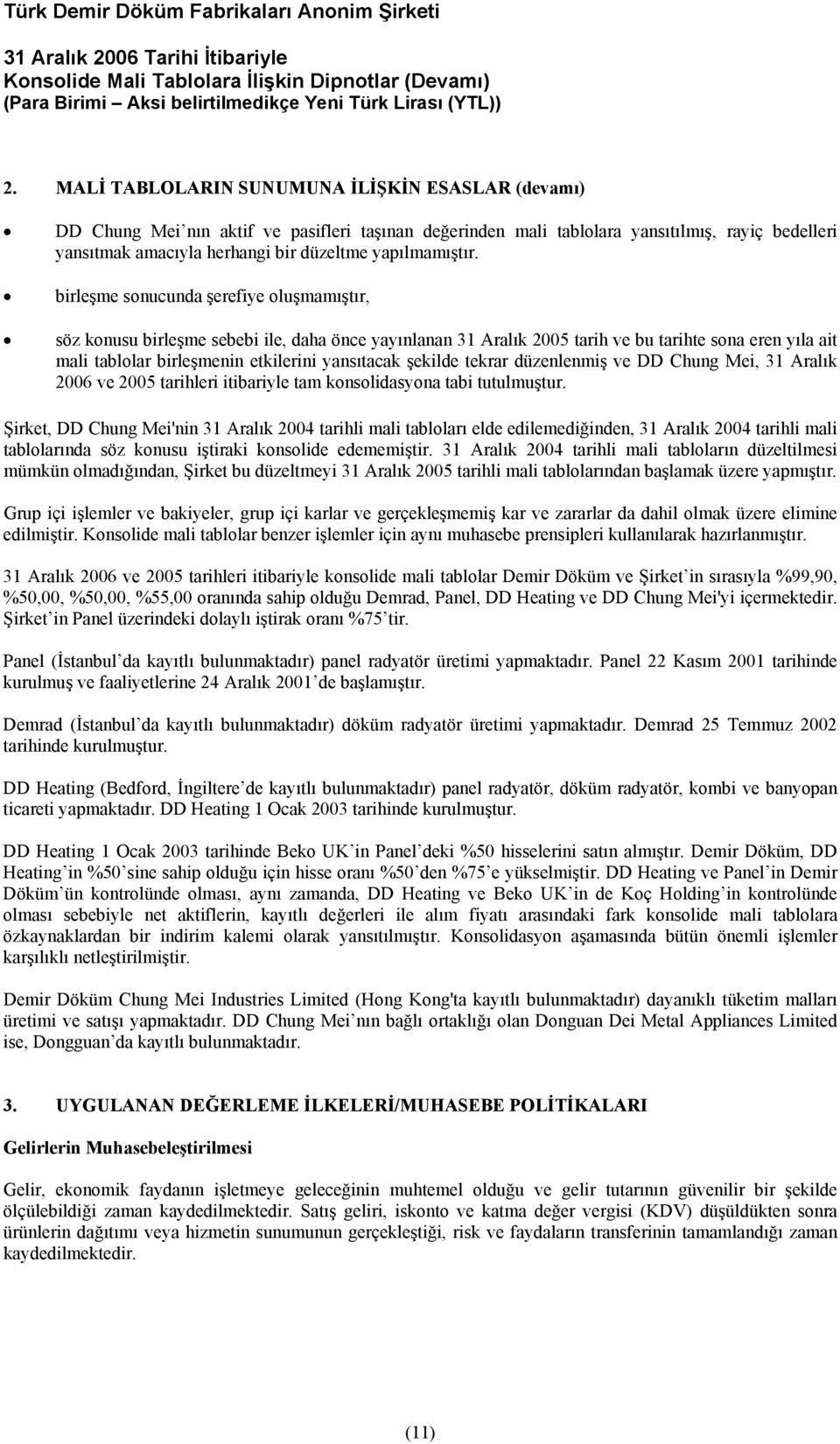 birleşme sonucunda şerefiye oluşmamıştır, söz konusu birleşme sebebi ile, daha önce yayınlanan 31 Aralık 2005 tarih ve bu tarihte sona eren yıla ait mali tablolar birleşmenin etkilerini yansıtacak