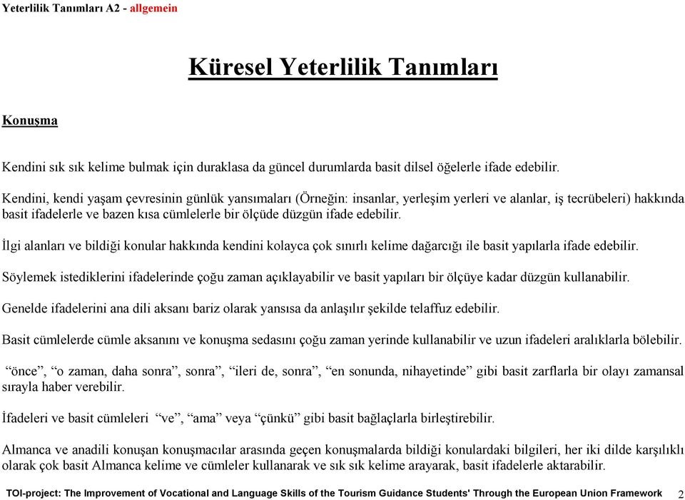 Đlgi alanları ve bildiği konular hakkında kendini kolayca çok sınırlı kelime dağarcığı ile basit yapılarla ifade edebilir.