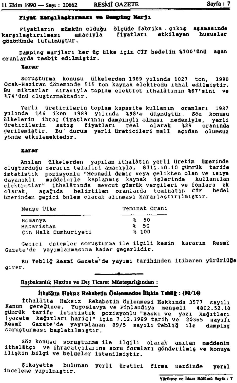 Zarar Soruşturma konusu ülkelerden 1989 yılında 1027 ton, 1990 Ocak-Haziran döneminde 515 ton kaynak elektrodu ithal edilmiştir.