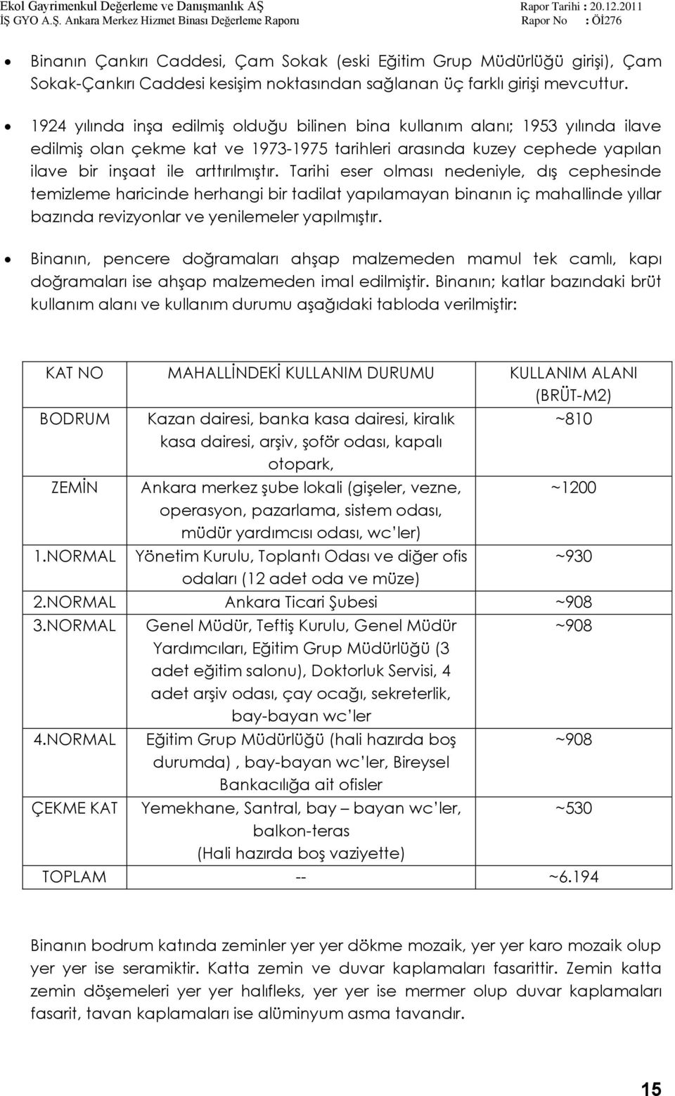 Tarihi eser olması nedeniyle, dıģ cephesinde temizleme haricinde herhangi bir tadilat yapılamayan binanın iç mahallinde yıllar bazında revizyonlar ve yenilemeler yapılmıģtır.