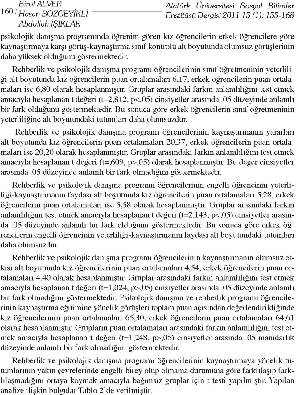 Rehberlik ve psikolojik danışma programı öğrencilerinin sınıf öğretmeninin yeterliliği alt boyutunda kız öğrencilerin puan ortalamaları 6,17, erkek öğrencilerin puan ortalamaları ise 6,80 olarak