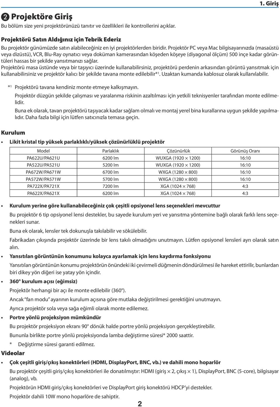 Projektör PC veya Mac bilgisayarınızda (masaüstü veya dizüstü), VCR, Blu-Ray oynatıcı veya doküman kamerasından köşeden köşeye (diyagonal ölçüm) 500 inçe kadar görüntüleri hassas bir şekilde