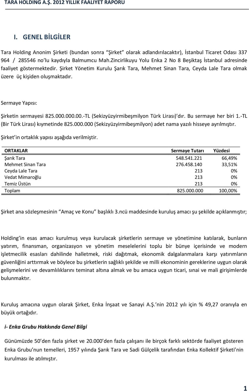 Sermaye Yapısı: Şirketin sermayesi 825.000.000.00.-TL (Sekizyüzyirmibeşmilyon Türk Lirası) dır. Bu sermaye her biri 1.-TL (Bir Türk Lirası) kıymetinde 825.000.000 (Sekizyüzyirmibeşmilyon) adet nama yazılı hisseye ayrılmıştır.