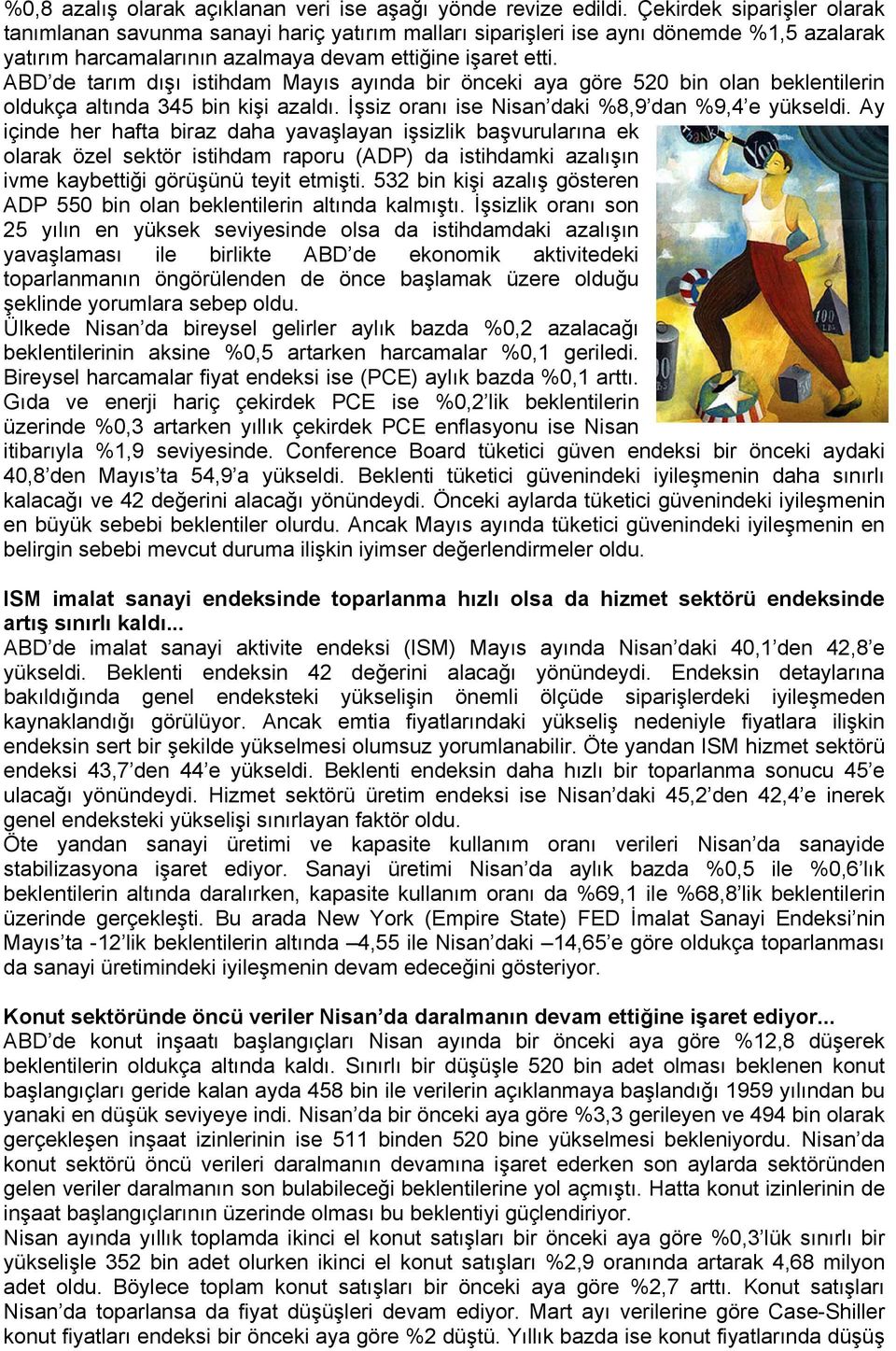 ABD de tarım dışı istihdam Mayıs ayında bir önceki aya göre 520 bin olan beklentilerin oldukça altında 345 bin kişi azaldı. İşsiz oranı ise Nisan daki %8,9 dan %9,4 e yükseldi.