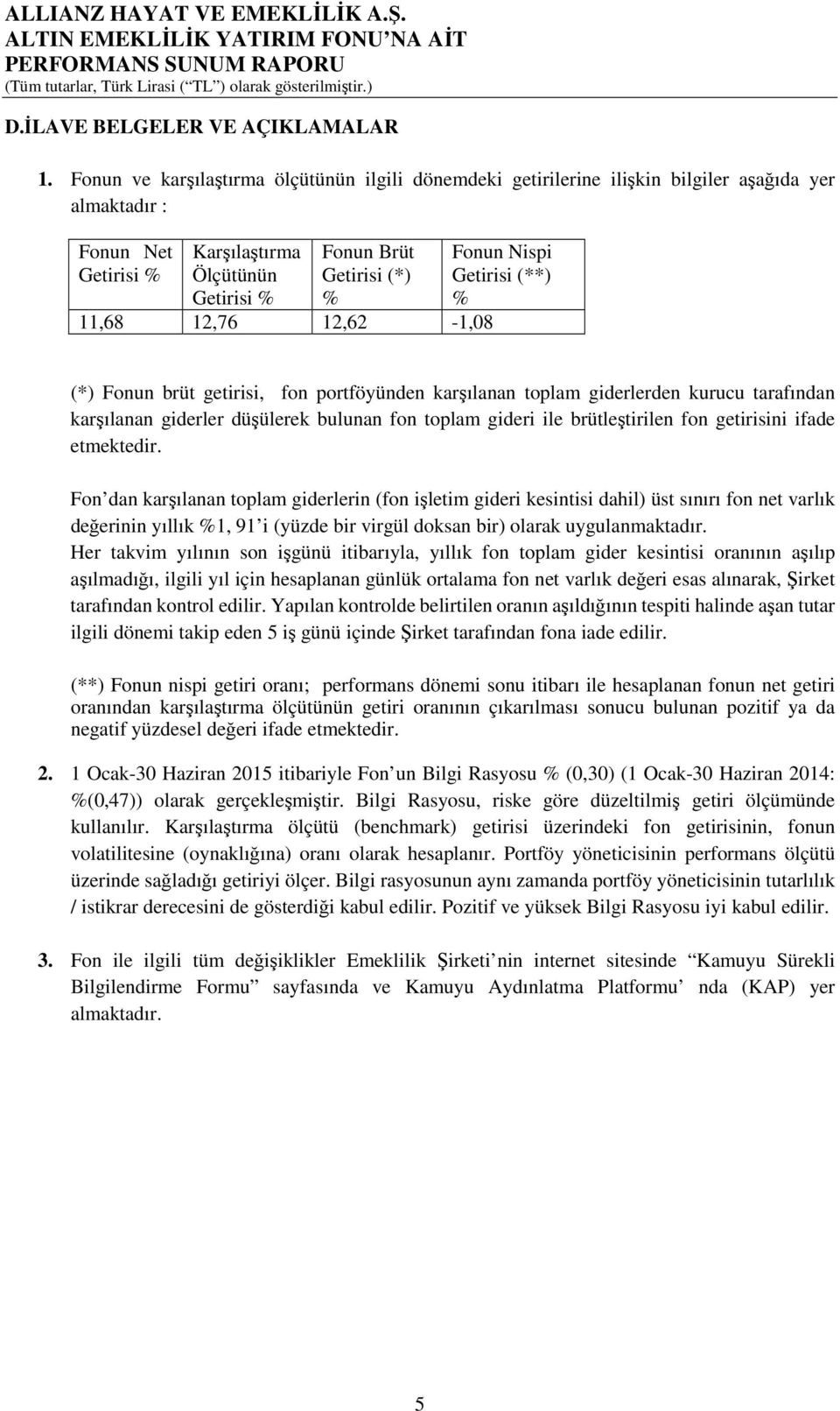 Getirisi (**) % (*) Fonun brüt getirisi, fon portföyünden karşılanan toplam giderlerden kurucu tarafından karşılanan giderler düşülerek bulunan fon toplam gideri ile brütleştirilen fon getirisini