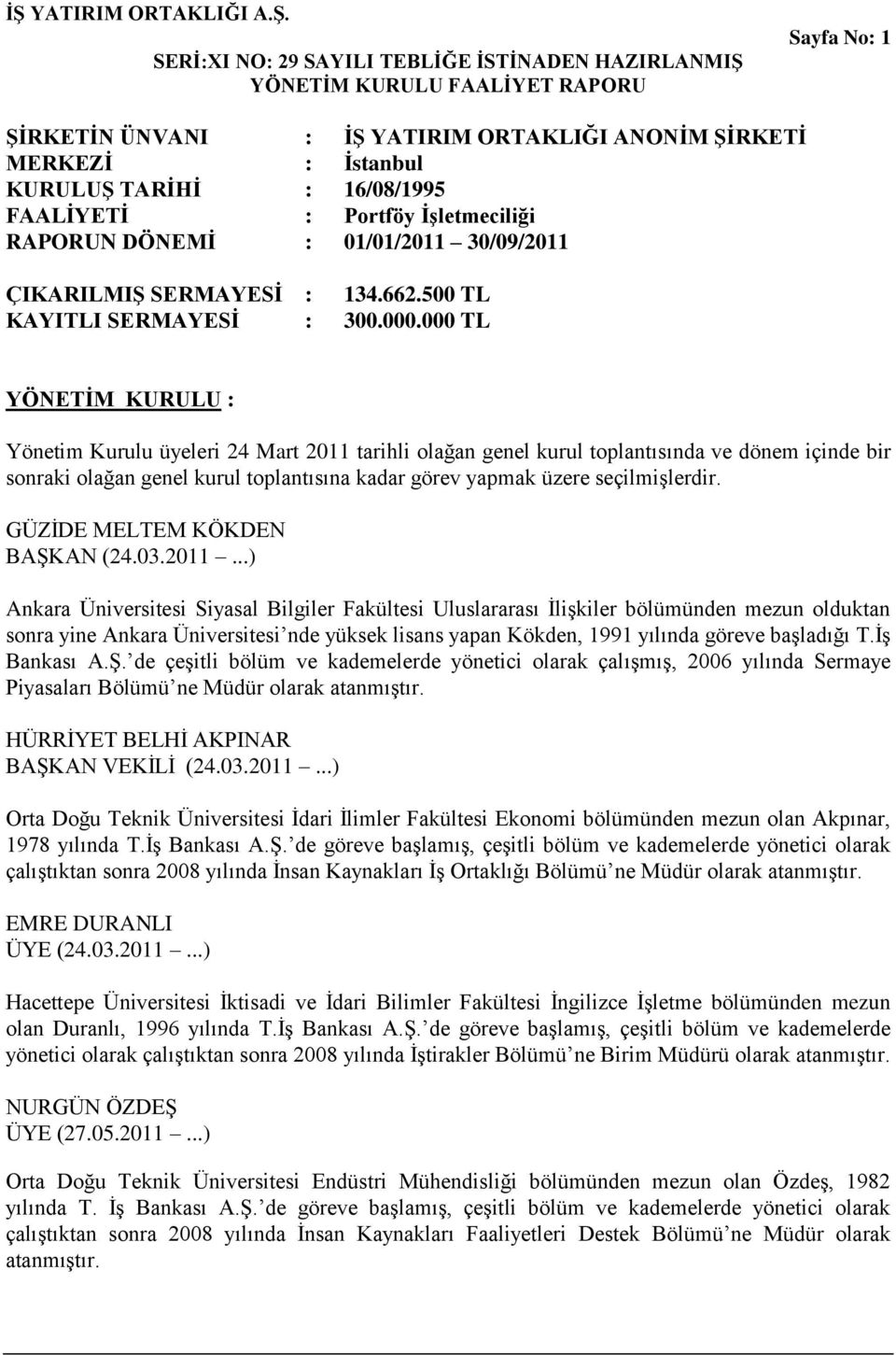 000 TL YÖNETĠM KURULU : Yönetim Kurulu üyeleri 24 Mart 2011 tarihli olağan genel kurul toplantısında ve dönem içinde bir sonraki olağan genel kurul toplantısına kadar görev yapmak üzere