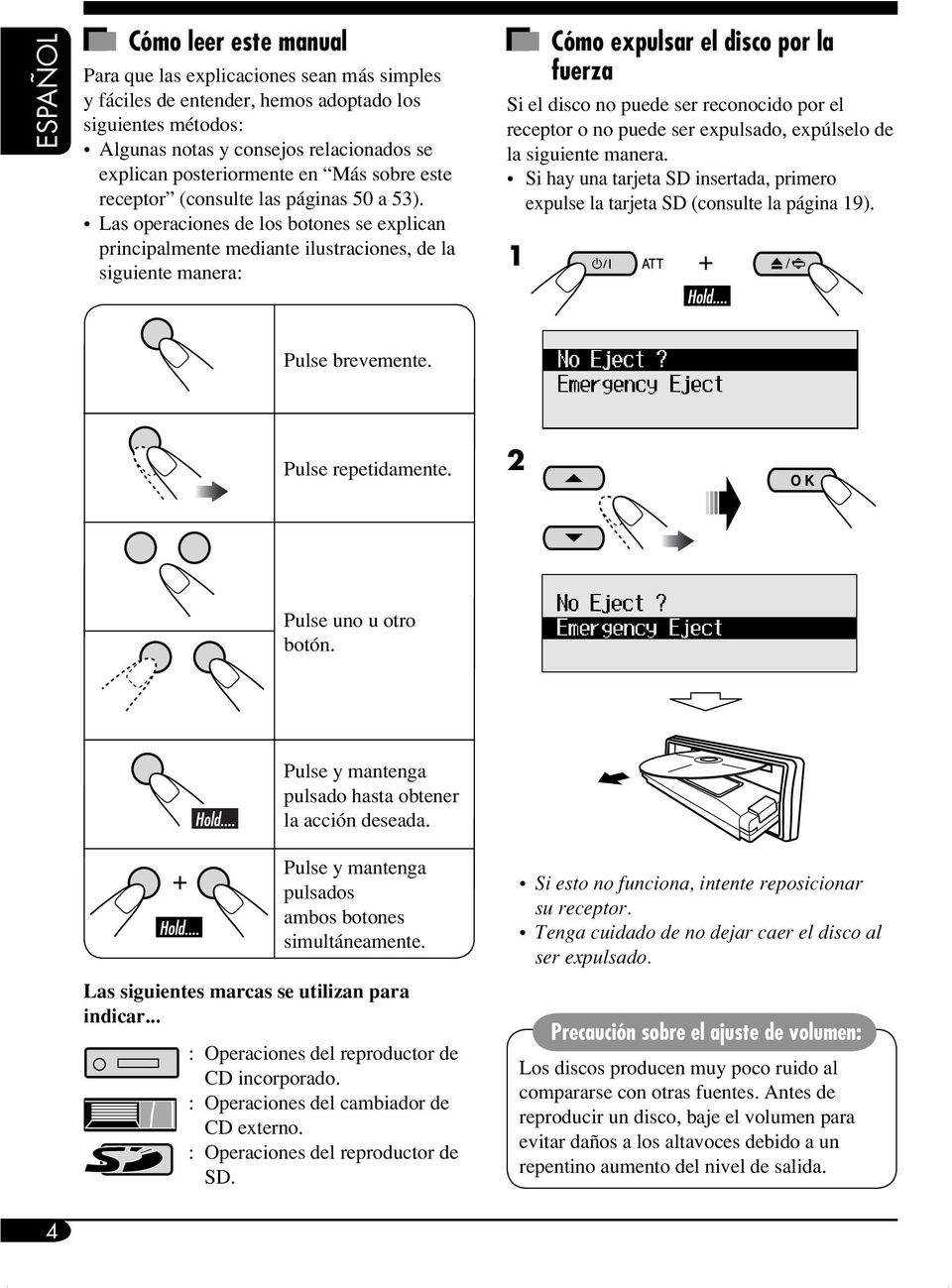 Las operaciones de los botones se explican principalmente mediante ilustraciones, de la siguiente manera: Cómo expulsar el disco por la fuerza Si el disco no puede ser reconocido por el receptor o no